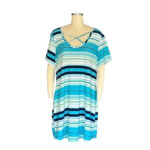 Kristin Nicole Women's 2XL Blue Striped Midi Dress Short Sleeve Casual